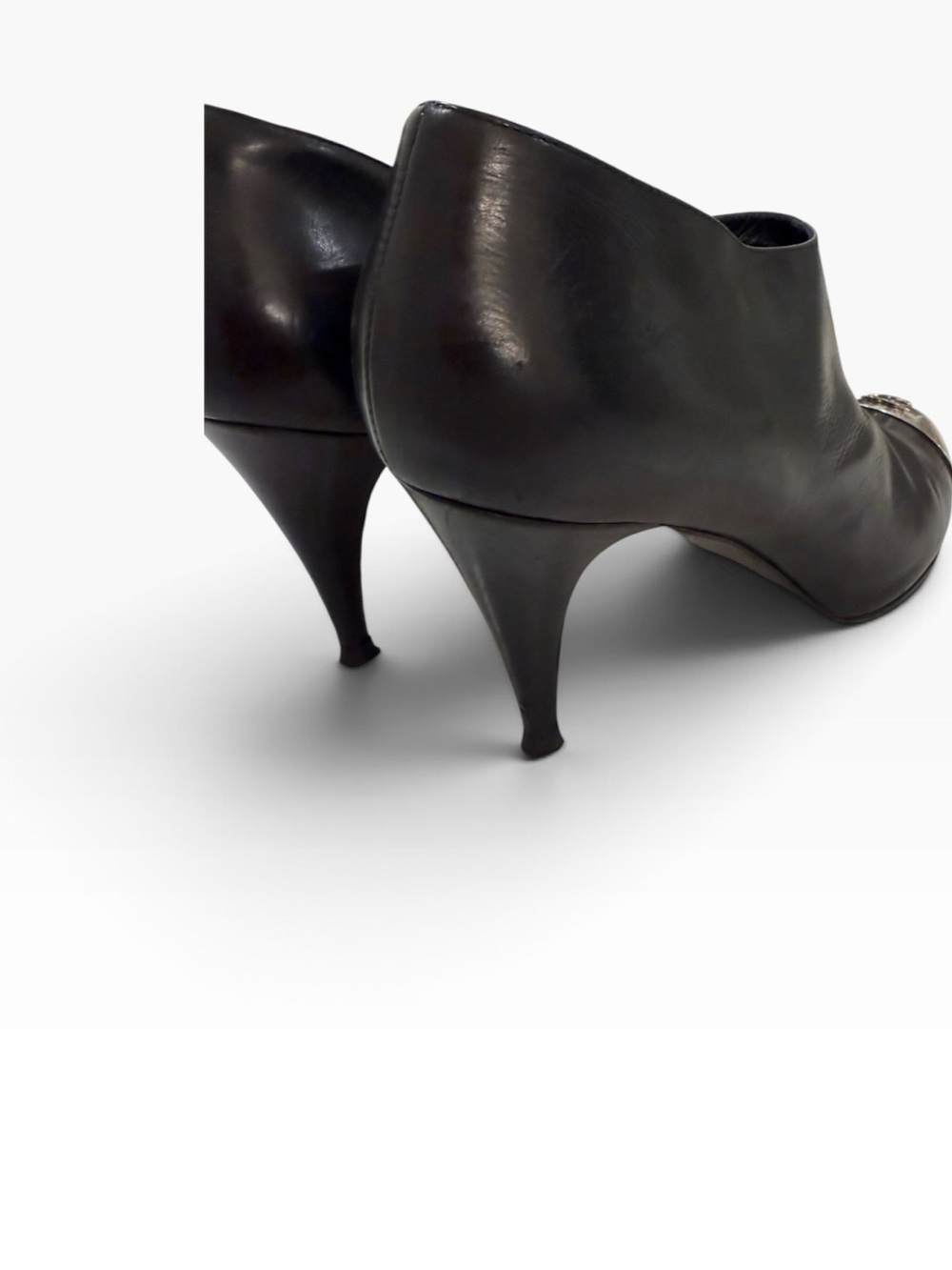 CHANEL Black Leather Ankle Boots with Silver Cap Toe Logo - Picture 11 of 13